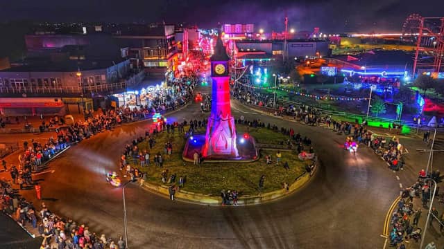 A drone view of the 10th anniversary Goldwing light parade around the Clock Tower. Photo: Mick Dixon