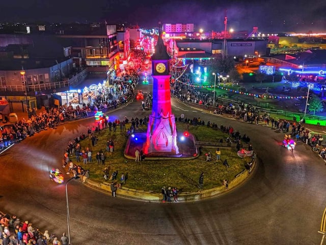 A drone view of the 10th anniversary Goldwing light parade around the Clock Tower. Photo: Mick Dixon