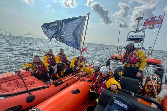 Crews from Hunstanton and Skegness with the NCI flag on its way across The Wash. Photo: RNLI/Ryan Darby