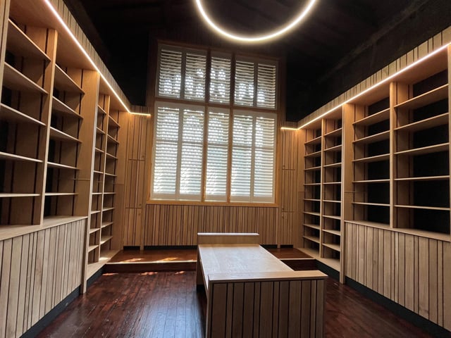 The new modern library bookshelves at the Stump.