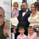 Left: A selfie Daniel took at St Barnabas Hospice recently. Right: A snap of Daniel and Amanda and three of their children on their wedding day last year.