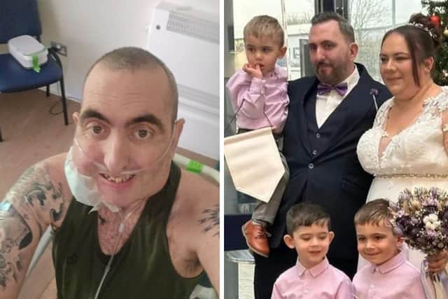Left: A selfie Daniel took at St Barnabas Hospice recently. Right: A snap of Daniel and Amanda and three of their children on their wedding day last year.