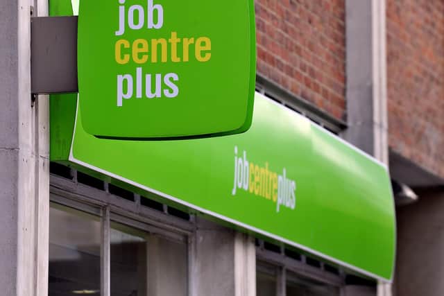 A view of the signs on the Jobcentre Plus office in Lisson Grove, north west London.