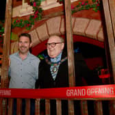 Harrington Flint checking out Fantasy Island owner James Mellors (centre) with acting chair of Ingoldmells Parish Council Coun Leonard Hemingway.