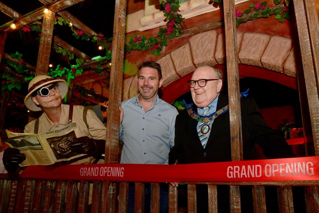 Harrington Flint checking out Fantasy Island owner James Mellors (centre) with acting chair of Ingoldmells Parish Council Coun Leonard Hemingway.