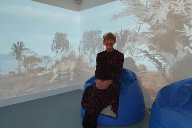 Winchelsea School headteacher Helen Duckett sat in the Smartpod on a rumble bean bag and the immersive screens behind.