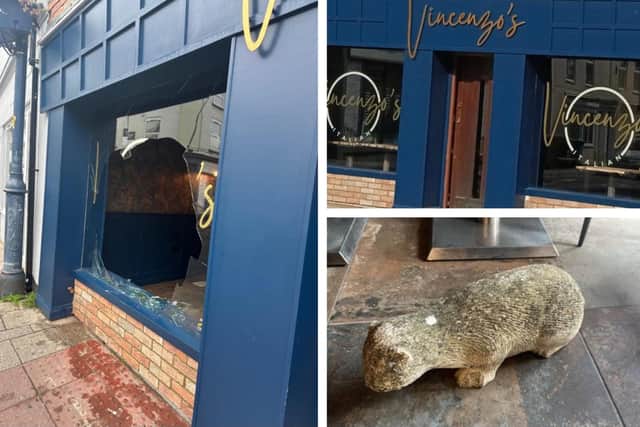 Vincenzo's, in West Street, Boston - left, with one of its front windows broken; and right, top, how it appeared beforehand, and, bottom, the stone otter.