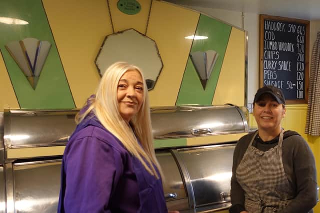 Helen Milner, left, community engagement executive at Quickline, with Upton Fish and Chip Shop owner Sally Clarke.