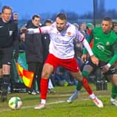 Ex-Sleaford player-manager Tom Ward on the ball for Skegness on Saturday. Photo: Oliver Atkin.