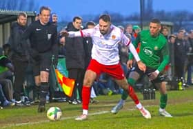 Ex-Sleaford player-manager Tom Ward on the ball for Skegness on Saturday. Photo: Oliver Atkin.