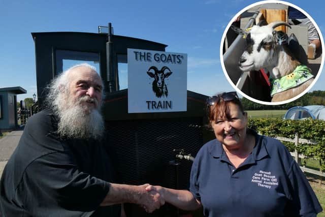 LCLR Historic Vehicles Trust Chairman, Richard Shepherd, and Gillian Henshall from the Hensell Goat Rescue. Credit: Chris Bates/LCLR