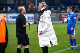 A familar sight as Robbie Savage argues with the referee at Gainsborough. Photo by Tommy Cox.