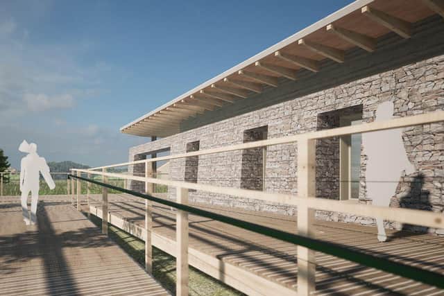 Gabion wall outside mess hall acts as inexpensive air conditioning