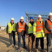 Representatives from the Council and its project board visited Sleaford Moor Enterprise Park to see progress onsite, including the first steels now up. Pictured from left: North Kesteven District Council Economy and Place Director Andy McDonough, Chief Executive Ian Fytche, Director of Resources Russell Stone, Deputy Council Leader Councillor Ian Carrington and Council Leader Councillor Richard Wright.