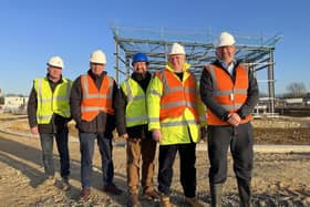 Representatives from the Council and its project board visited Sleaford Moor Enterprise Park to see progress onsite, including the first steels now up. Pictured from left: North Kesteven District Council Economy and Place Director Andy McDonough, Chief Executive Ian Fytche, Director of Resources Russell Stone, Deputy Council Leader Councillor Ian Carrington and Council Leader Councillor Richard Wright.