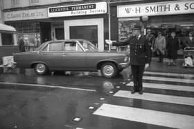 Roger Lebreton, Sous Brigadier de Police, from Laval, in Boston town centre in 1968.