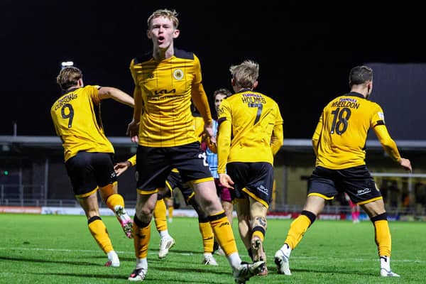 Boston celebrate late win over Gateshead. Pic by Chris Bray