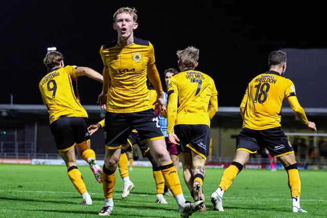 Boston celebrate late win over Gateshead. Pic by Chris Bray