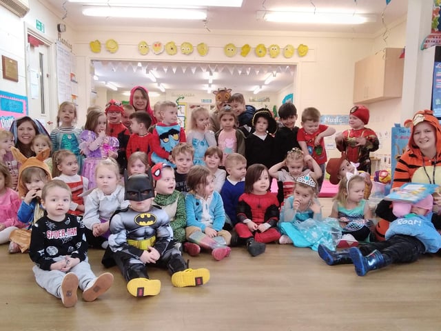 Children dressed as colourful characters for World Book Day.