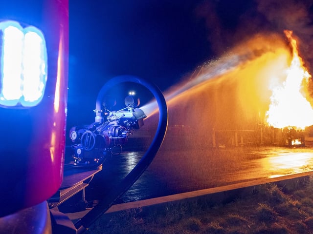 A firefighting vehicle engages the water cannon. Photo: Sgt Nicholas Egan RAF