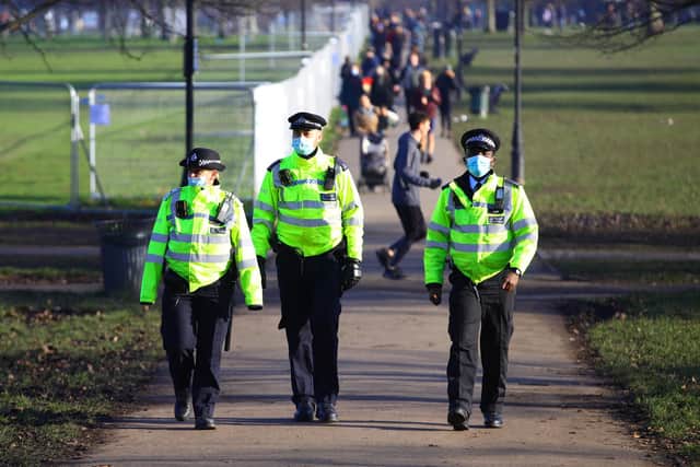 Police presence before a proposed anti-lockdown protest in Clapham Common, London.