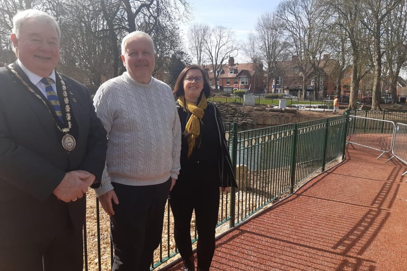 Mayor of Skegness Coun Pete Barry, Town Clerk Steve Larner and Deputy Town Clerk Kate Ford in the pond  area of Tower Gardens where more work is being done.