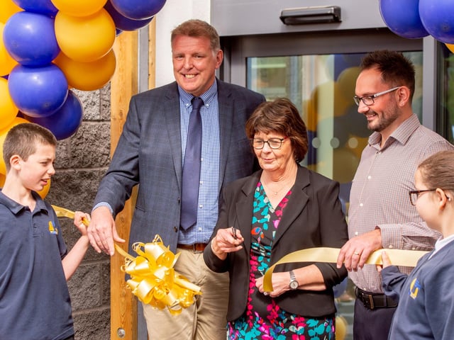 Coun Patricia Bradshaw portfolio holder for Chrildren's services (middle) , Peter Bell CEO Community Inclusive Trust (left and Aaron Bloodworth-Flat) Deputy Head.