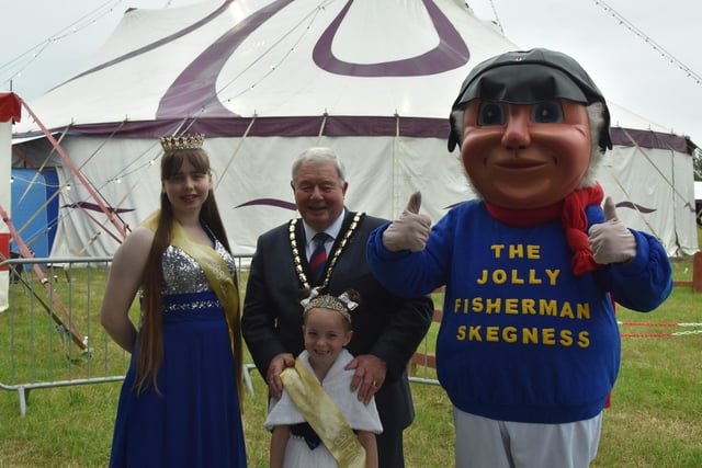Mayor of Skegness Coun Pete barry with carnival royalty and the Jolly Fisherman.