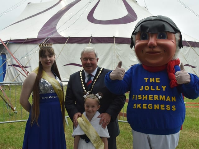 Mayor of Skegness Coun Pete barry with carnival royalty and the Jolly Fisherman.