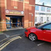 The red Skoda Fabia, having been removed from the wrecked entrance foyer doors of the Legionnaires Club in Watergate, Sleaford.