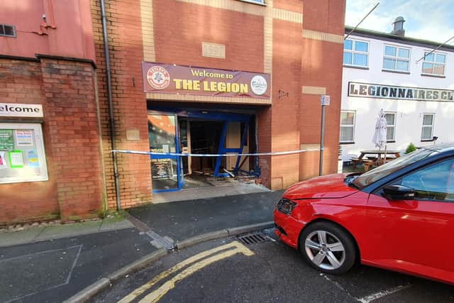 The red Skoda Fabia, having been removed from the wrecked entrance foyer doors of the Legionnaires Club in Watergate, Sleaford.
