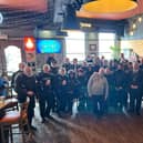Riders with Mayor of Skegness Coun Pete Barry at the Seaview Pub in Skegness before heading off woth the eggs.