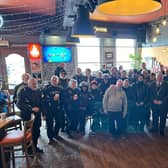 Riders with Mayor of Skegness Coun Pete Barry at the Seaview Pub in Skegness before heading off woth the eggs.