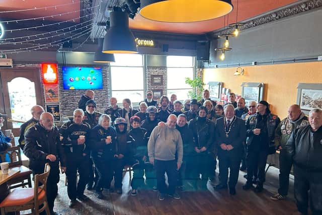 Riders with Mayor of Skegness Coun Pete Barry at the Seaview Pub in Skegness before heading off woth the eggs.