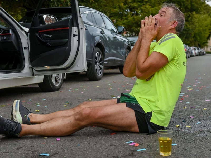 Greg is overcome with relief at the end of the challenge in Skegness.