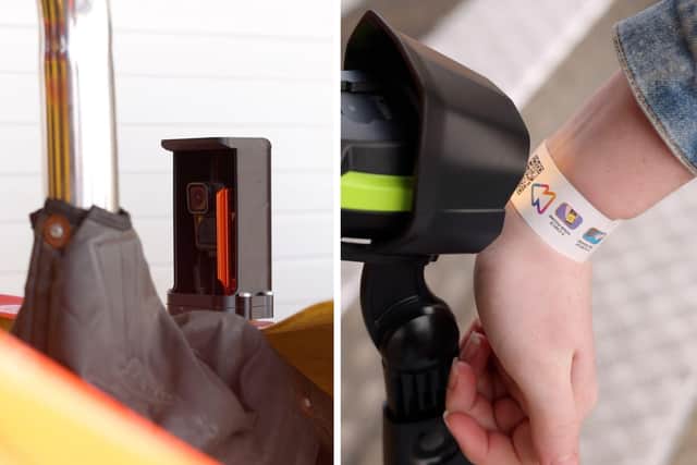 The camera, left, captures the on-ride reaction of fairgoers, who simply scan a wristband to identify themselves to the system.