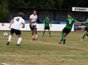 Joe Smith fires home for Sleaford Town during the draw at Lincoln Moorlands Railway. Photo by Steve Davies.