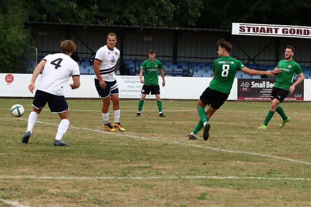 Joe Smith fires home for Sleaford Town during the draw at Lincoln Moorlands Railway. Photo by Steve Davies.