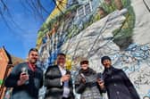 L-R Conservation Officer Matt Bentley, NKDC Leader Coun Richard Wright, Peachzz and Jimmy Palahey of Treeline Dental.