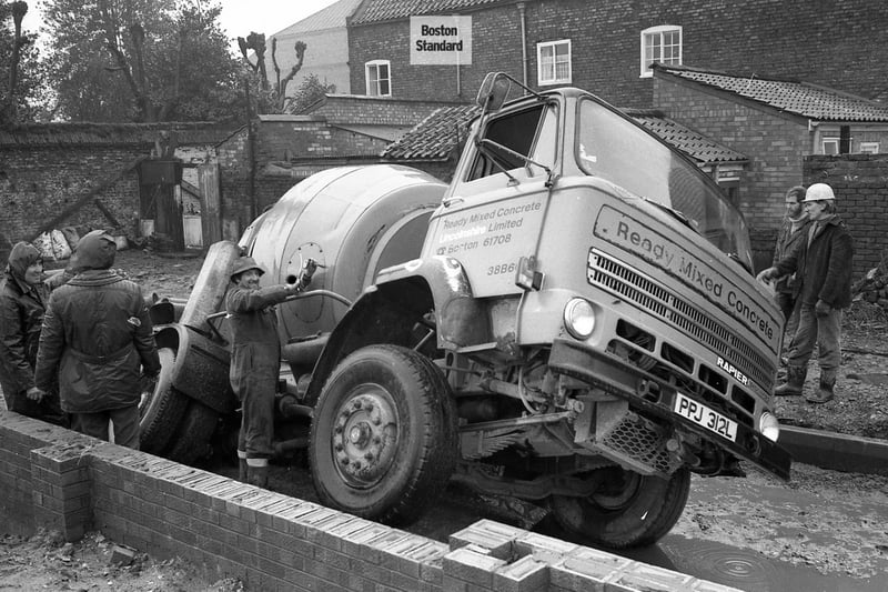 A cement truck in a sticky situation off Spain Lane in February 1977, during the building of John Adams Way.