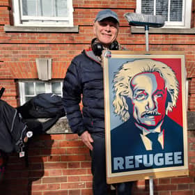 David Ramm (Stand Up to Racism) at protest to English language cuts by Andrea Jenkyns Credit: LDRS