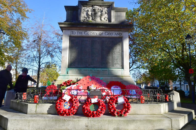 The poppy wreaths laid on the War Memorial.