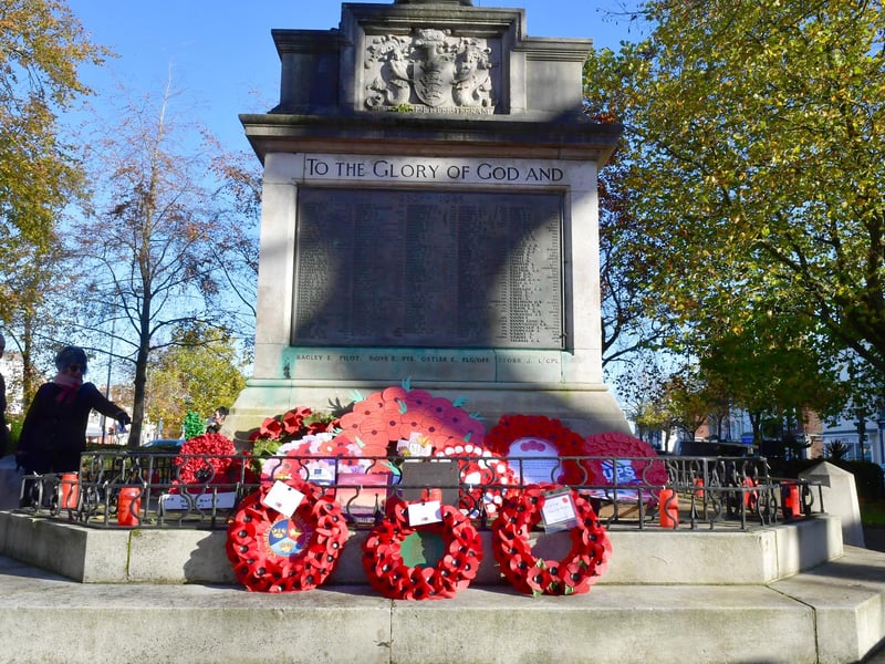 The poppy wreaths laid on the War Memorial.