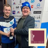 Richard Crunkhorn presents the Man of the Match award to Fraser Bayliss on behalf of sponsor Merrimans Lounge and Restaurant.