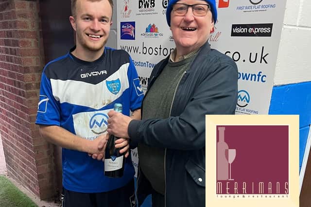 Richard Crunkhorn presents the Man of the Match award to Fraser Bayliss on behalf of sponsor Merrimans Lounge and Restaurant.