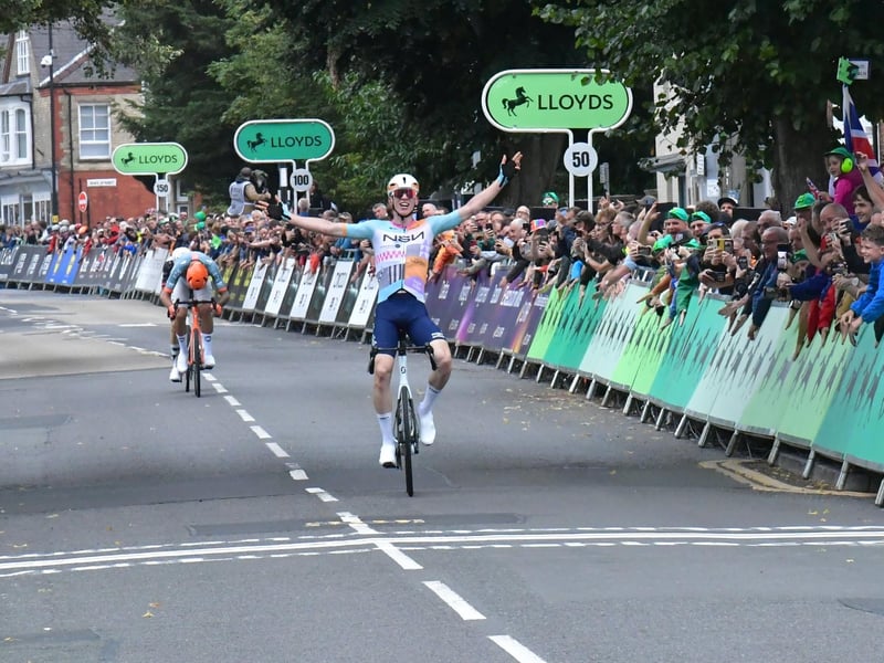 What a finish - stage winner: Lewis Askey crosses the line in Lincoln.