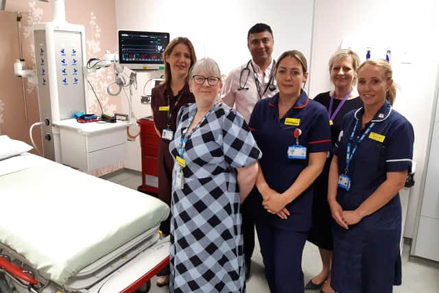Pictured in one of the resuscitation cubicles, (back, from left) Fiona Hamer (divisional nurse for urgent and emergency care), Dr Raj Ranganathan (emergency department consultant), Prof Karen Dunderdale (group chief executive), (front, from left) Blanche Lentz (general manager for urgent and emergency care), Philippa Davies (matron for Pilgrim emergency department), and Natalie Till (lead nurse for urgent and emergency care).     On the front row L-R we had:  Blanche Lentz (General Manager for Urgent and Emergency Care), Philippa Davies (Matron for Pilgrim Emergency Department), Natalie Till (Lead Nurse for Urgent and Emergency Care)