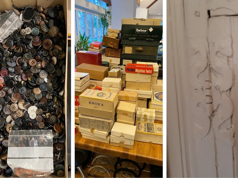 The sale of the building included a vast number of buttons - 'tens of thousands', Shane estimates. These, too, were steeped in history - some, for instance, were military buttons dating from the First World War. Even the cupboard in which they had been stored had some history to it, with it boasting serpentine hinges (pictured, right). Shane found a home for the buttons (and Singer sewing machines) in various places, including a textile college and charities. A number of other items, including a period mirror and old coat hangers, were taken on by a prop house that supplies film, TV, theatre and more.