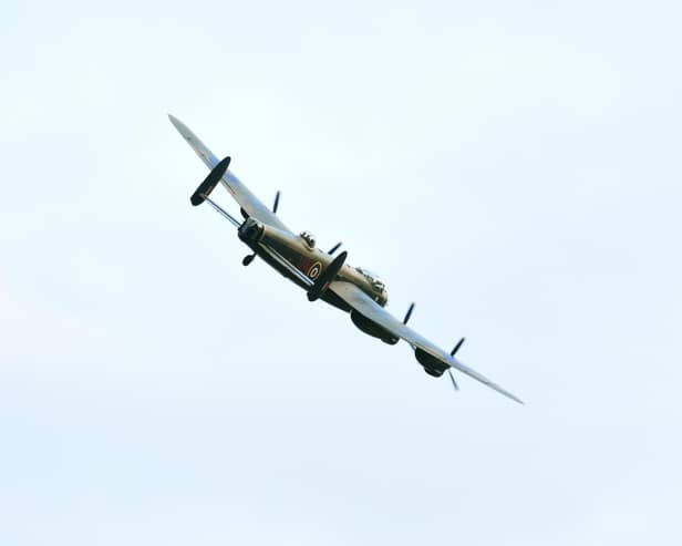 The Lancaster banking towards East Kirkby Aviation Centre after flying over RAF Spilsby.
