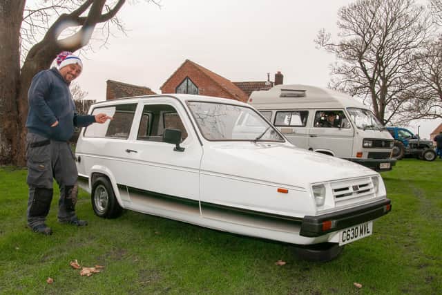 Eddie Marshall shows of his Reliant Rialto Jubilee.